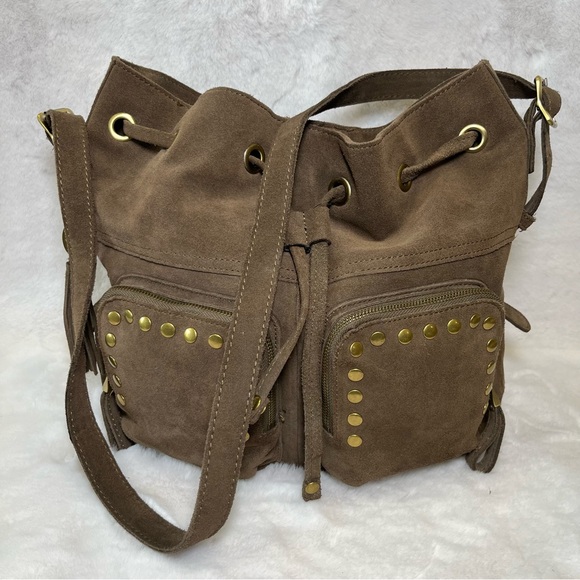 Crown Vintage Suede Drawstring Satchel Handbag. Brown with Gold Stud Accents - Picture 11 of 15